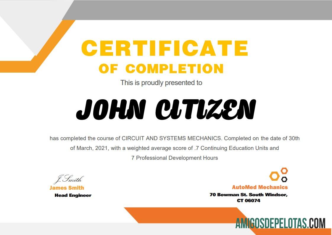 Certificado Mecânico dos EUA amostra